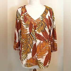 Jane & Delancey Tropical Leaf Print Orange Yellow Green 3/4 Sleeve Casual Top L